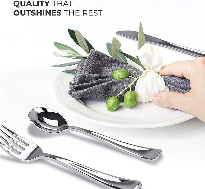 Silver Plastic Silverware Set (600-Pack) – Disposable Heavy Duty Cutlery, 200 Forks, 200 Knives, 200 Spoons for Parties, Weddings, Dinners & Holidays