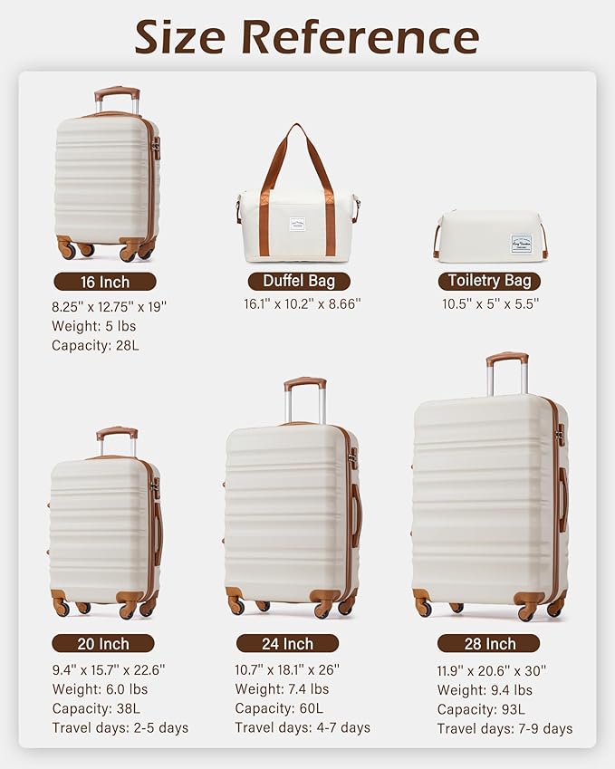 LONG VACATION 6 Piece Luggage Set Carry on Suitcase with ABS+PC hardshell, Spinner Wheels & YKK Zipper TSA Lock (BEIGE-BROWN, 6 piece set)