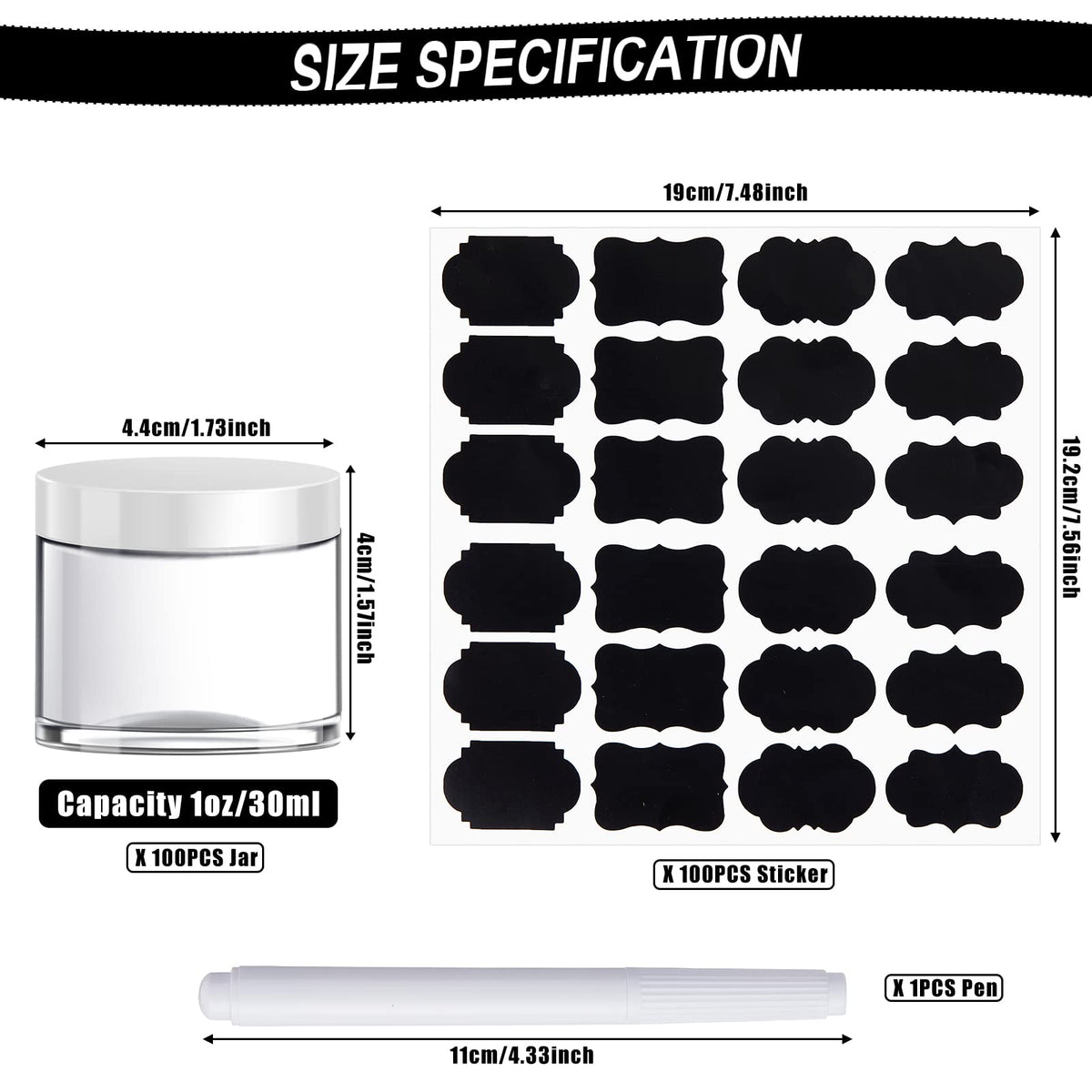 100 Set Plastic Jars Makeup Travel Makeup Container with Lids Small Storage Containers for Creams Toiletries Chalkboard Label Stickers Marker(1 oz,Black)