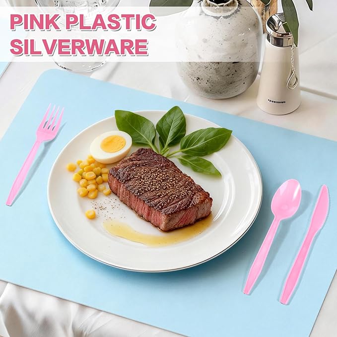 360-Pack Plastic Pink Silverware Set, Disposable Cutlery Set, Plastic Forks and Spoons Knives Utensils Set (120 Each) for Valentine's Day, Baby Shower, Bridal Shower, Princess Party, Easter