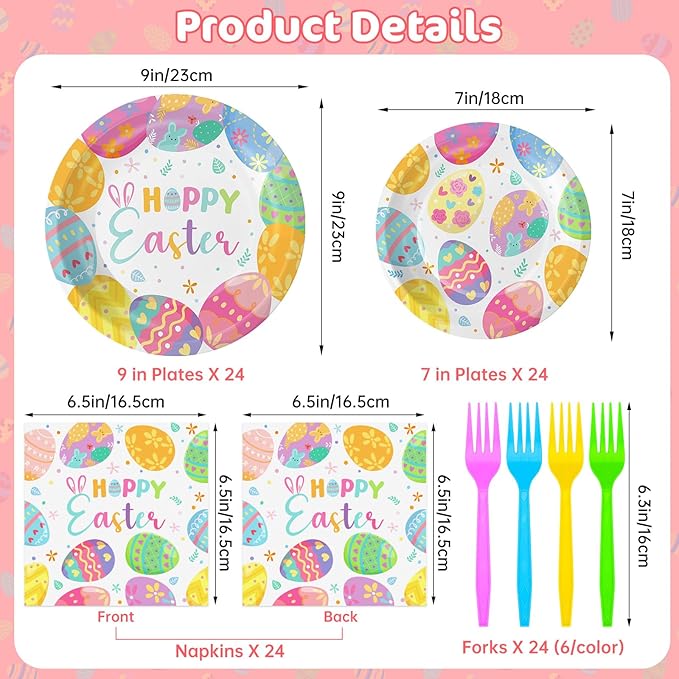 96 Pcs Happy Easter Plates and Napkins Forks Sets - Colorful Eggs Themed Round Tableware, Disposable Spring Flowers Paper Plates Napkins Set for Easter Party Supplies Favors Table Decor, Serves 24