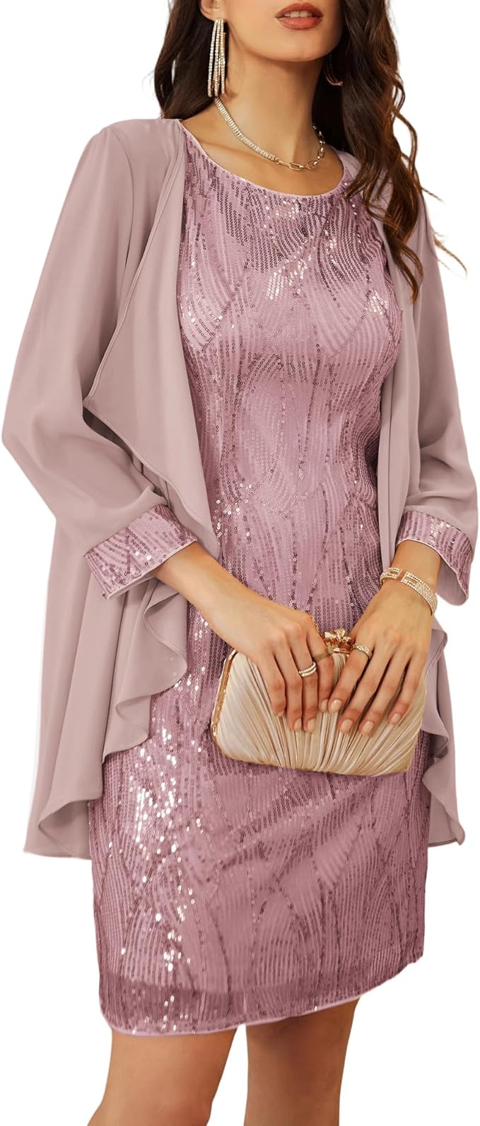 GRACE KARIN Women's Sequin Dress - Wedding Guest & Mother of The Bride Formal Dress - Two Piece Knee Length