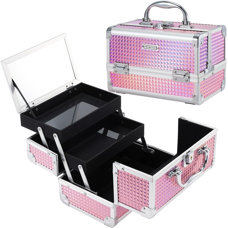FRENESSA Makeup Train Case Makeup Box Organizer Portable Cosmetic Travel Case Makeup Case with Mirror Locking Make Up Cases Organizers and Storage for Nail Supplies Hard Cosmetic Box Shiny Pink