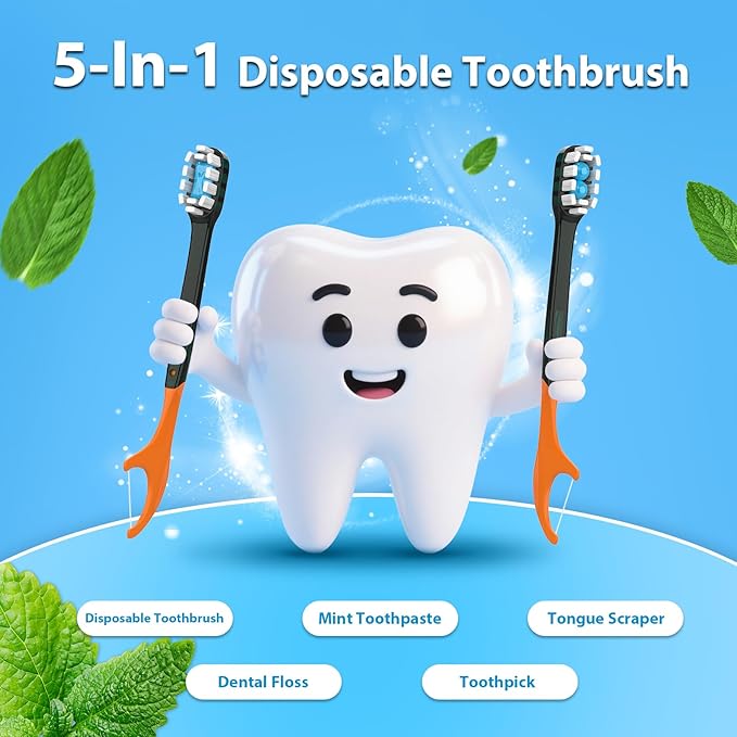 24Pack Disposable Toothbrushes with Toothpaste All-in-One Oral Care Prepasted Individually Wrapped 5-in-1 Mini Toothbrush with Toothpick, Flosser, Tongue Cleaner, Perfect for Travel & On-The-Go
