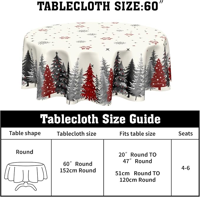 Christmas Snowflake Round Tablecloth 60 Inch Gary and Red Xmas Tree Pattern Circle Table Cloth Winter Holiday Table Cover for Home Kitchen Dinning Party Decor
