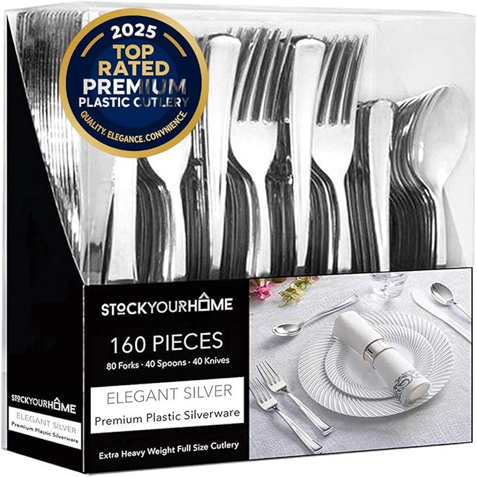 160 Pack Silver Plastic Cutlery Disposable Silverware - 80 Forks, 40 Knives, 40 Spoons - For Catering, Parties, Dinners, Weddings, and Everyday Use