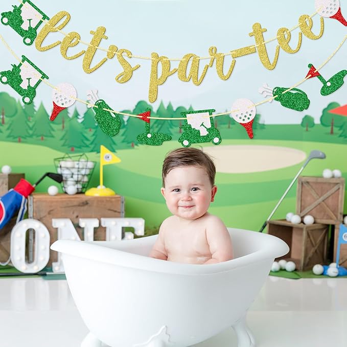 Little Man Let's Par-Tee Banner, Golf Themed Birthday Banner, Retirement Party Decor for Golf Lover, Golf Party Decorations, Gold Glitter