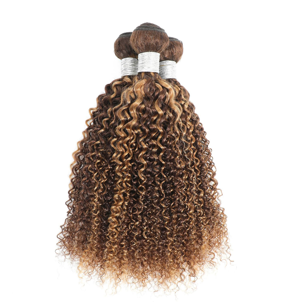 AUROO Honey Blonde Highlight Tight Kinky Curly Human Hair Single Bundles, 12A Brazilian Curly Weave Bundles Human Hair 100% Virgin Remy Bundle Ombre #P4/27 Colored Kinky Curly Thick Tracks Sew in 14In