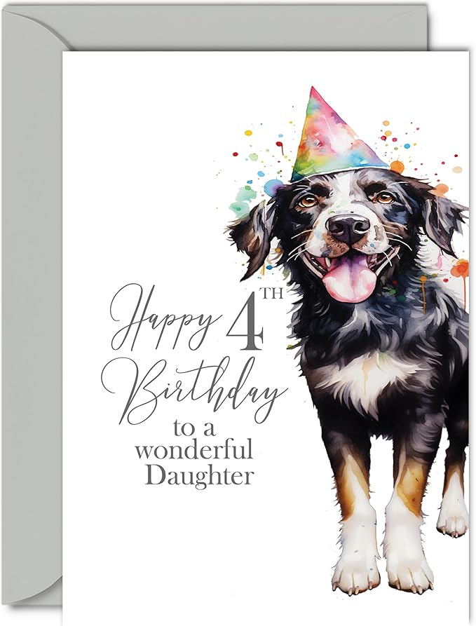 4th Birthday Cards for Daughter - Party Dog - Happy Birthday Card for 4 Year Old Daughter from Dad Mum, 5x7 Inch Bday Girls Girl Kids Greeting Cards Gift for Daughter Birthday Gifts