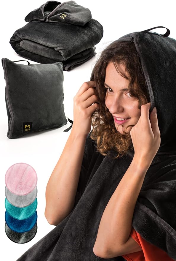 Travel Blanket Airplane Compact with Hoodie – 2in1 Airplane Travel Accessories from Plane Blanket to Travel Pillow with Luggage Strap, Soft Handle & Secure Pocket