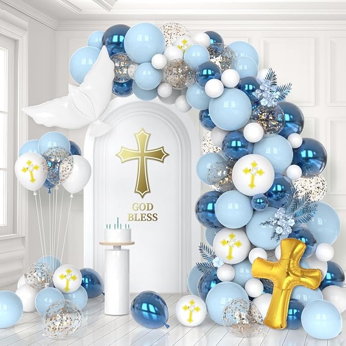 132Pcs First Holy Communion Blue Balloon Garland Arch Kit God Bless Baptism Party Decoration Christian Religious Decor Cross Dove Balloon Girl Mi Bautizo Christening Birthday Baby Shower Party Supplie