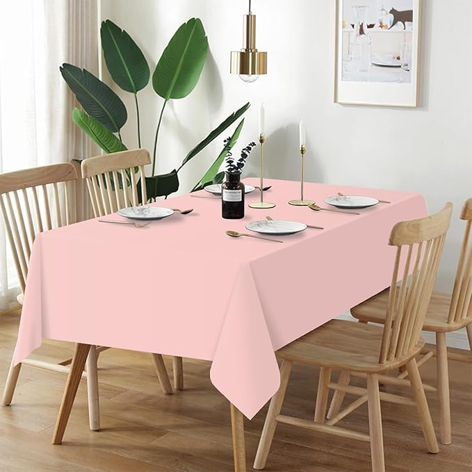 QIKSION Blush Pink Plastic Table Cloth Disposable 2 Pack, 54 x 108 Inch Tablecloths for Valentines, Easter, Mothers Day Decorations, Baby Shower Birthday Party, Rectangle Table Cover