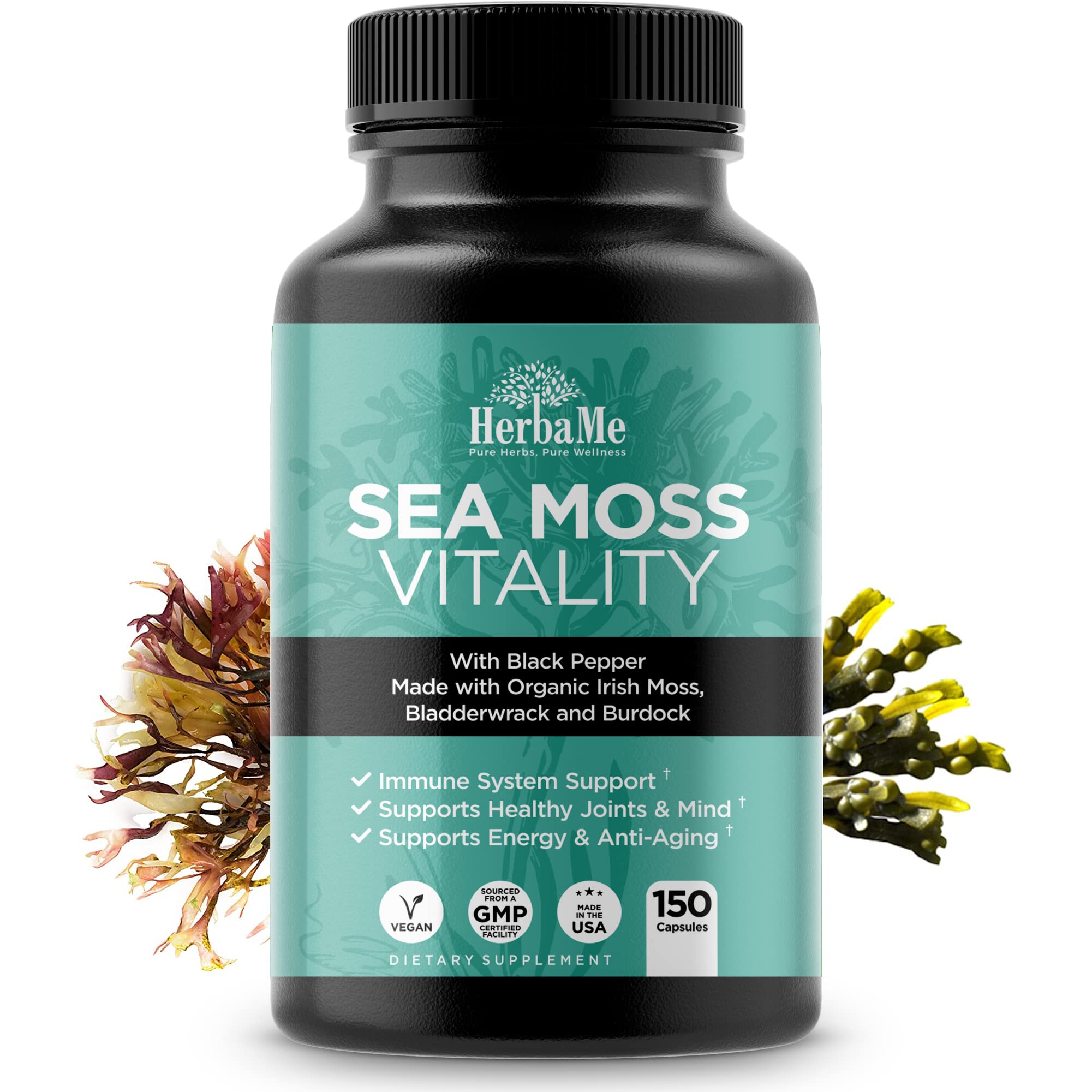 HerbaMe Organic Sea Moss Supplement with Bladderwrack & Burdock Root, Irish Moss with Black Pepper Extract, Daily Mineral Support for Energy & Wellness, Immune Support for Men & Women, 150 Capsules