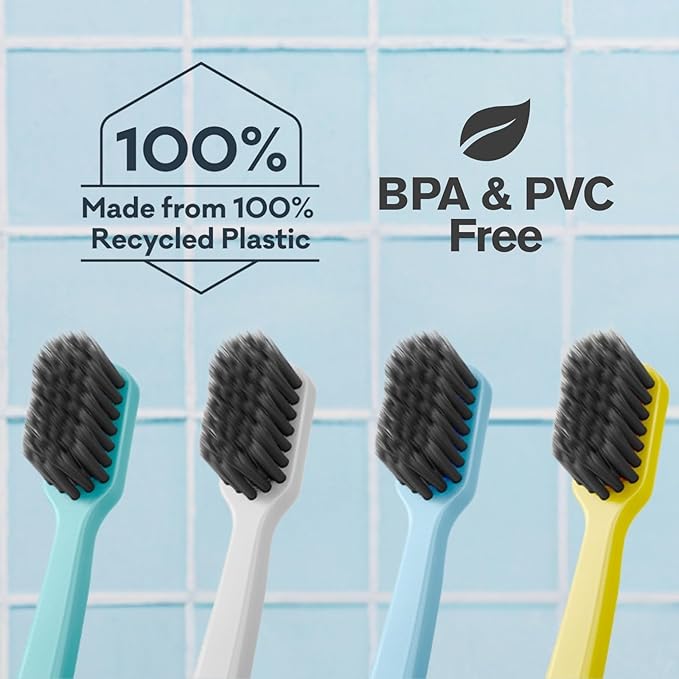 Grin Charcoal-Infused 100% Recycled Toothbrush, Soft, 4 Count (Pack of 2), Summer Beach, Suitable for Sensitive Teeth and Gums