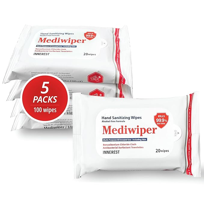 Mediwiper 20 Count Alcohol-Free Sanitizing Wipes Disinfecting Large Unscented Wet Wipes Bulk, Hand Sanitizer (20 Wipes, 100 Wipes (20 * 5))