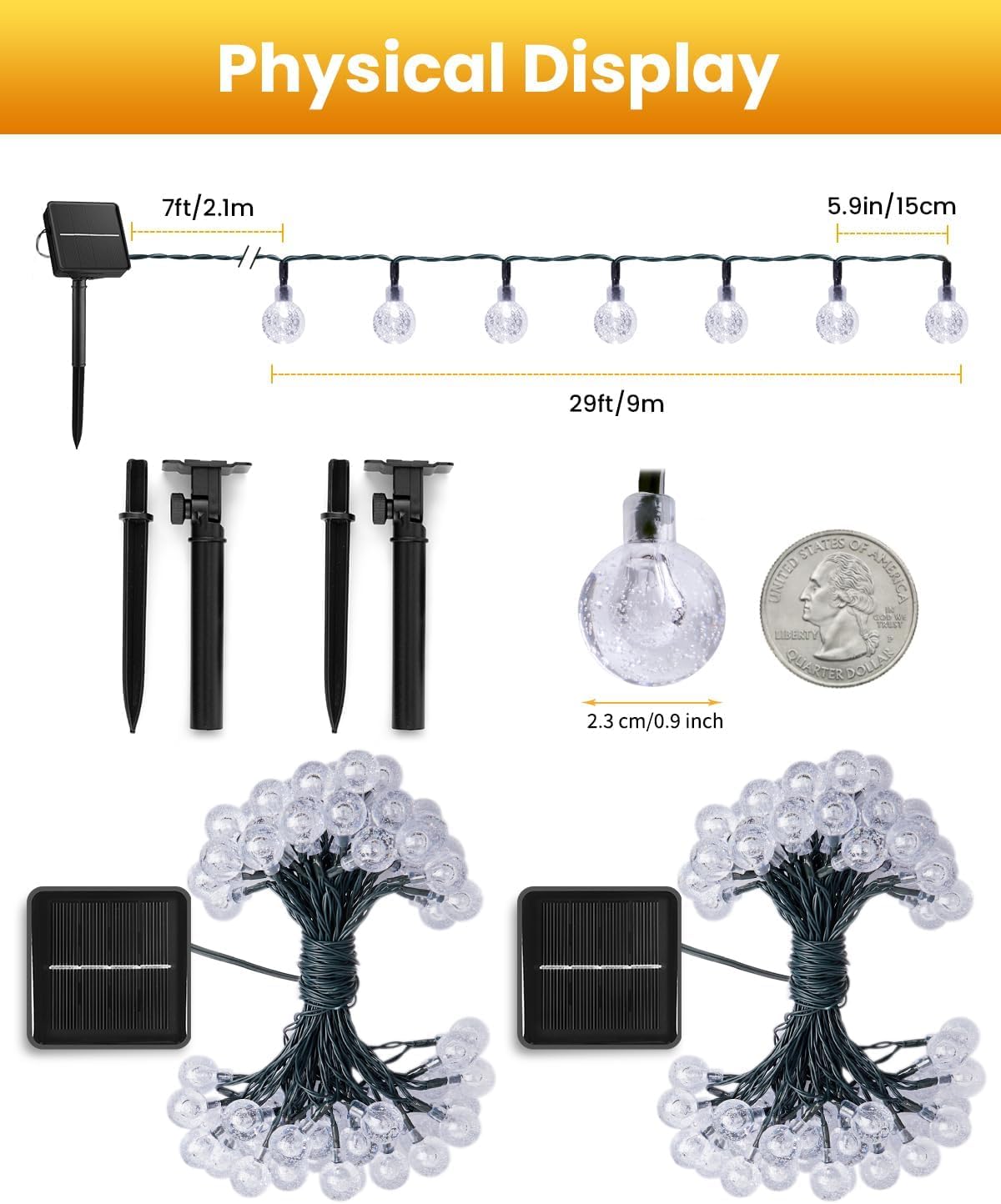 Brightown Solar String Lights Outdoor Waterproof, 2 Pack Total 120 LED 73 FT, Solar Powered Patio Lights with 8 Lighting Modes for Garden Yard Porch Wedding Party Decor (Warm White)
