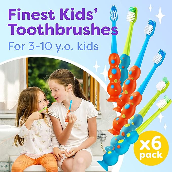 Trueocity Kids Toothbrush 6 Pack - Soft Contoured Bristles - Child Sized Brush Heads (3-10 Year Old) - Suction Cup for Fun & Easy Storage - Girl & Boy Set (6-Pack, Blue & Orange)