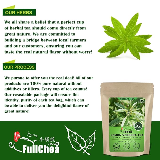 FullChea - Lemon Verbena Tea, 1.5g X 25 Count - Premium Lemon Tea For Digestion Support & Relaxation - Non-GMO - Caffeine-free - Natural Cut & Sifted Cedron Herb
