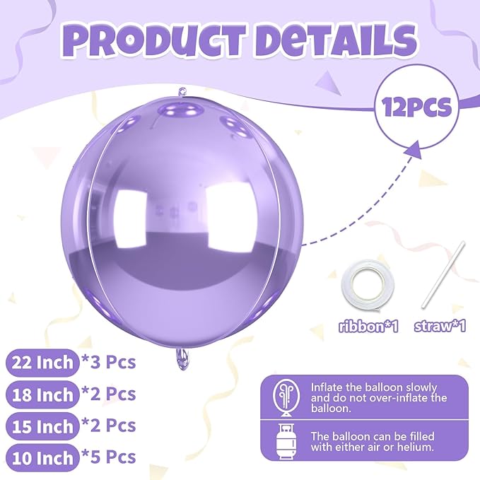 12Pcs Light Purple Round Balloons Foil, 22" 18" 15" 10" 4D Sphere Ball Balloon, Big Metallic Purple Foil Balloons for Wedding Anniversary Graduations Birthday Party Bridal Shower Decorations Supplies