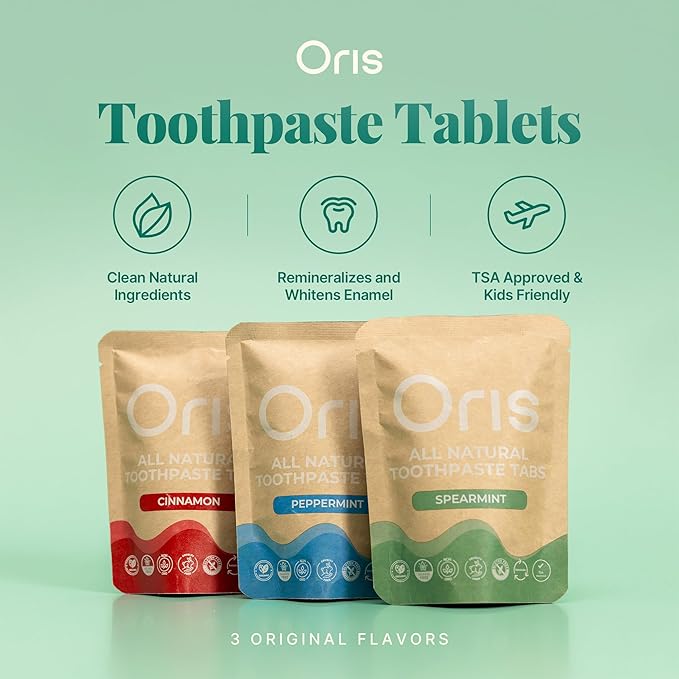 Oris Natural Toothpaste Tablets - Hydroxyapatite Toothpaste Tablets for Enamel Remineralization, Kid-Friendly Tooth Tabs for Brushing Teeth & Travel-Ready - 62ct (Spearmint)