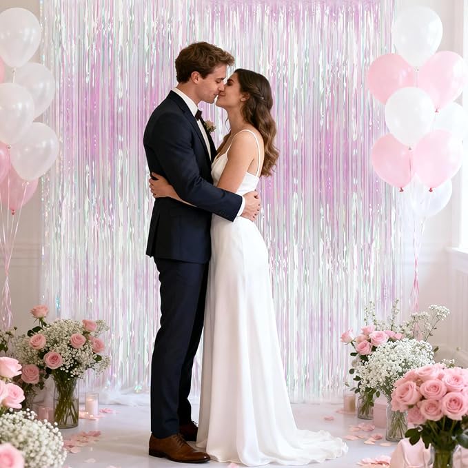 jijAcraft 3 Pack Iridescent Pink Tinsel Foil Fringe Curtain, Party Photo Backdrop, Holographic Pink for Mermaid Party Birthday Graduation Engagement Bridal Shower Bachelorette Baby Shower Decor
