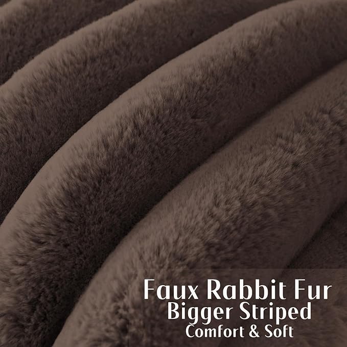 FUTEI Dark Coffee Decorative Throw Pillow Covers 12x20 Inch Set of 2, Square Soft Faux Rabbit Fur Big Striped Cushion Cover,Home Decor for Couch Sofa Bed Living Room