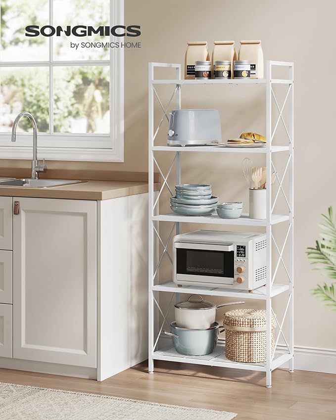 SONGMICS 5-Tier Metal Storage Rack, Shelving Unit with X Side Frames, Dense Mesh, 12.6 x 23.6 x 57.3 Inches, for Entryway, Kitchen, Living Room, Bathroom, Industrial Style, Cloud White UBSC165W01