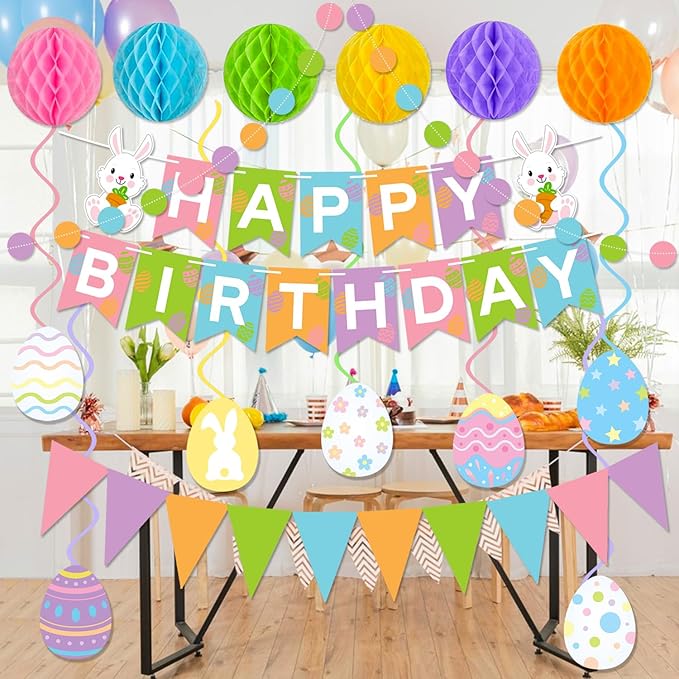 Easter Birthday Party Decorations Bunny Happy Birthday Banner Honeycomb Ball Eggs Swirl Streamers for Happy Easter Spring Home Birthday Party Decorations