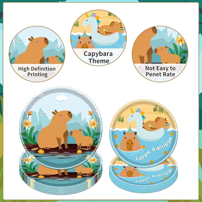 Rakuto Capybara Birthday Party Decorations, 96PCS Disposable Capybara Plates and Napkins Forks, Cute Animals Themed Dinnerware Set Tableware Supplies Serve 24