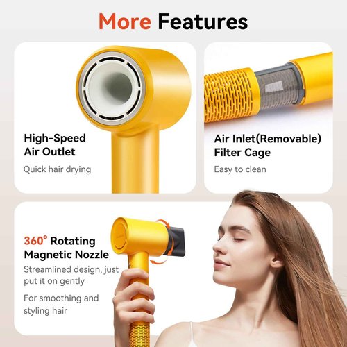Rizzdeek High Speed Hair Dryer - Ionic Hair Dryer for Women with brushless Motor, Fast Drying, Low Noise, Blow Dryer, with Magnetic Nozzle, Suitable for Home, Travel and Salon use (Yellow)