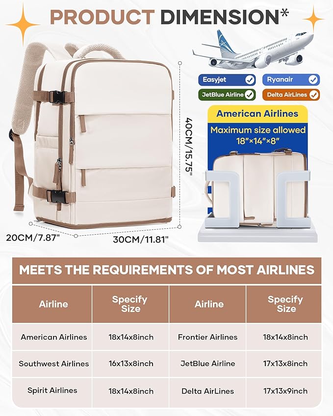 Travel Backpack Carry on Flight Approved Mochila De Viaje Personal Item Backpack for Airlines Frontier Airlines Personal Item Bag Large Backpack for Travel Backpacks for Men Women Beige with Brown