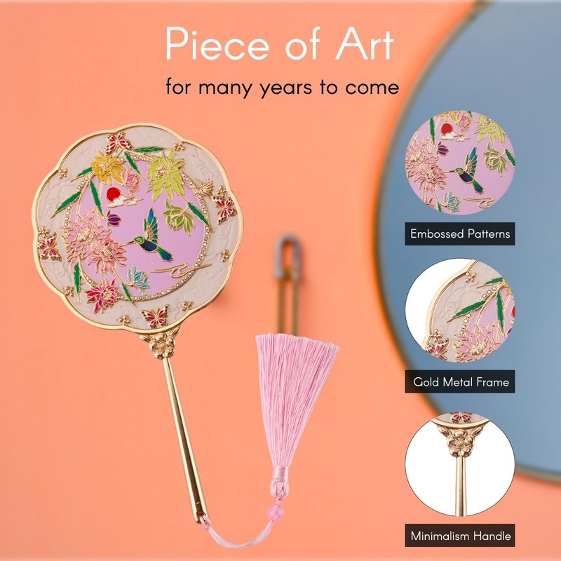 Hand Mirror, Handheld Mirror with Hummingbird Embossed Patterns (Metal), Unique Gifts for Women Birthday Gift for Women Mom Her, Elegant Cosmetic Mirror (Gold)