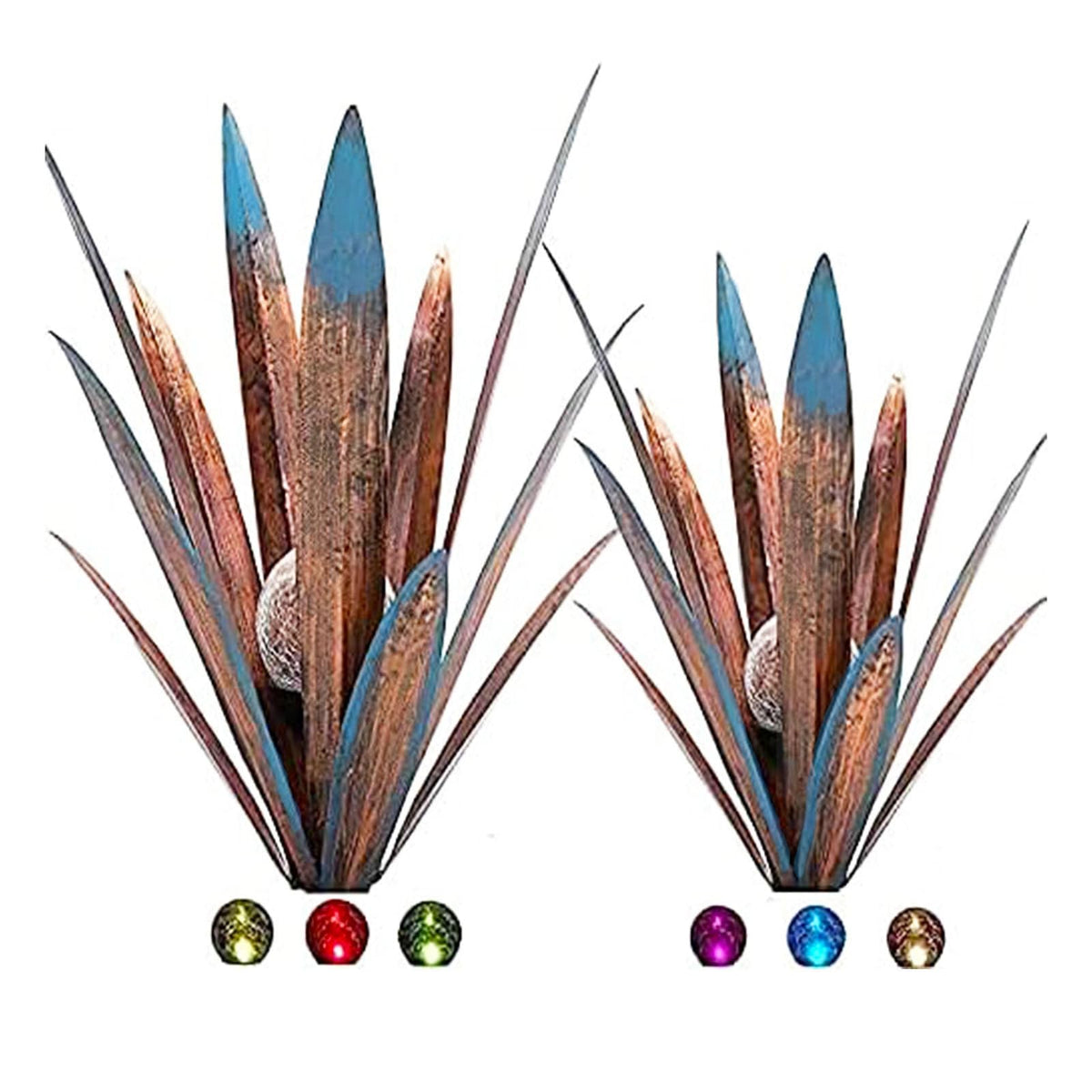 Jesokiibo 2pcs Tequila Sculpture Metal Agave Plant Home Decor Rustic Hand Painted Figurines Yard Decorations Lawn Ornaments（Multi-Color LED Solar Light Green） (Blue)