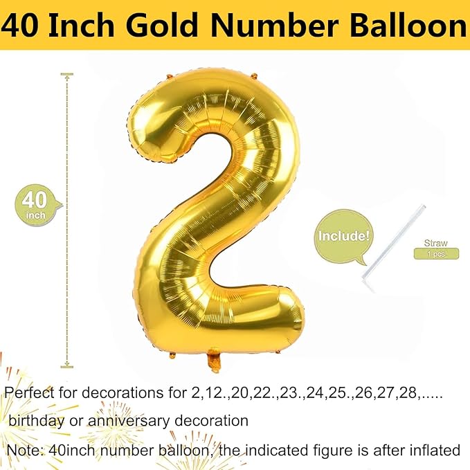 40 inch Gold Number Balloon Giant Foil Helium Balloons Gold Number 2 Balloon for 2nd Birthday Party Anniversary Decorations Supplies