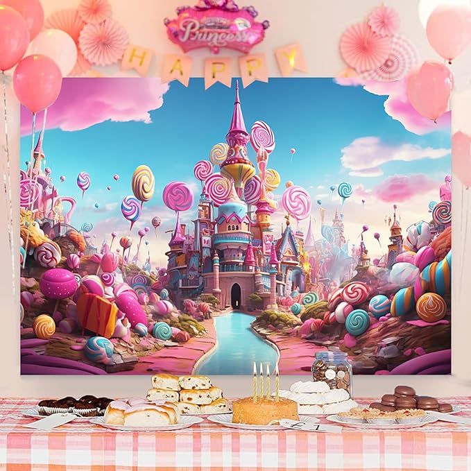9x6ft Candyland Backdrop Fantasy Pink Castle Sweet Candy Photography Background Girls Birthday Candyland Theme Party Decorations Banner Photo Studio Props