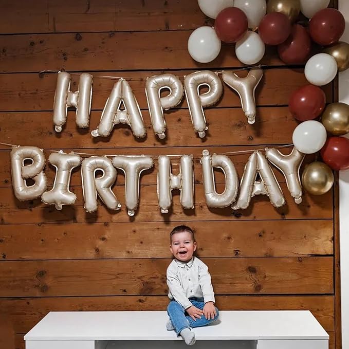Happy Birthday Balloons Banner Beige,16 Inch Cream White Foil Letters Birthday Sign Banner Bunting for Boys Girls Men Women Birthday Party Supplies Decorations