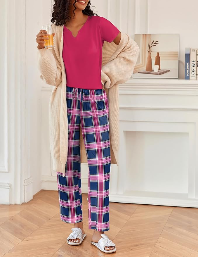 Ekouaer 2 Piece Womens Pajamas V Neck Short Sleeve Top and Long Pants Pjs Print Lounge Set Sleepwear