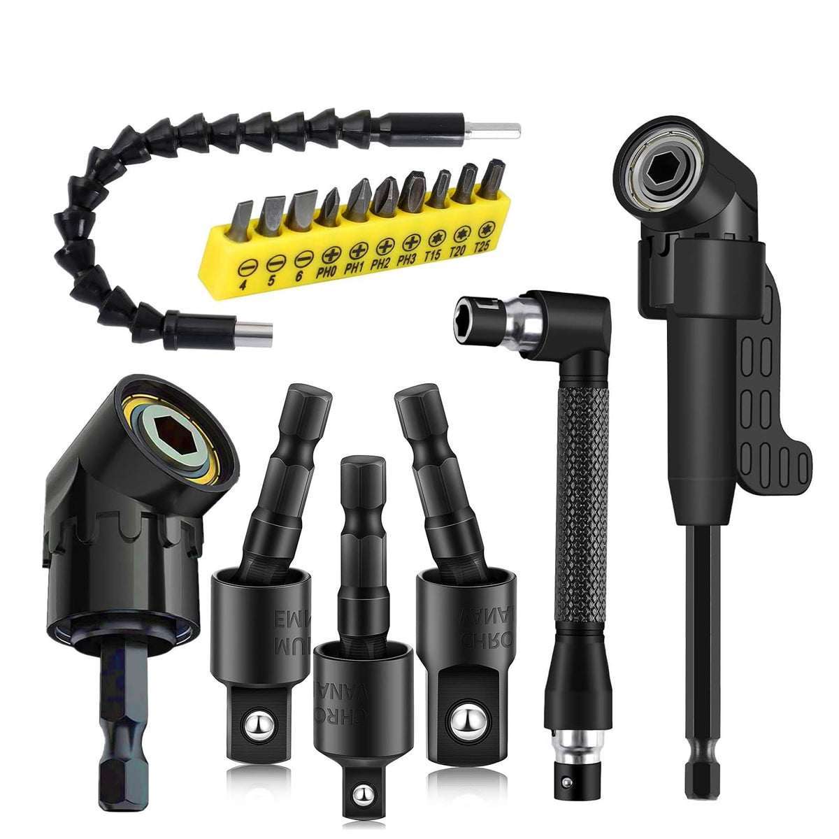 17Pcs Flexible Drill Bit Extension, Include 3Pcs Rotatable Socket Adapter 2Pcs Hex Shank 105° Right Angle Drill Attachment 10 Short Screwdriver Bits 90° Angled Bits and Bendable Extension