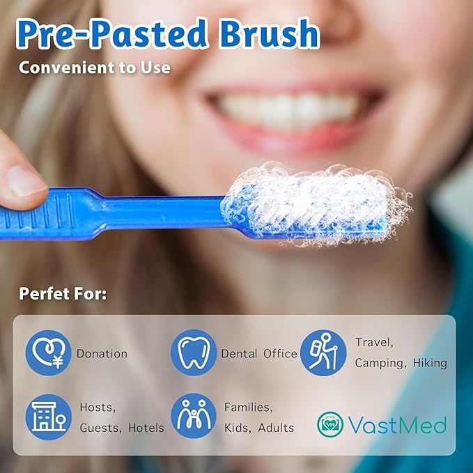 VASTMED 200 Pcs Disposable Pre-Pasted Toothbrushes Individually Wrapped Pre Pasted Toothbrush | Single Use Waterless Tooth Brush for Hotel, Camping, Homeless Gift | Multi Color