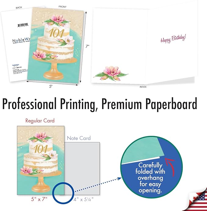 NobleWorks 101th Milestone Birthday Paper Card with 5 x 7 Inch Envelope (1 Card) Number Cake 101 C10111MBG