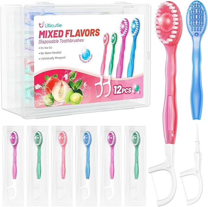 12 Pack 5 in 1 Disposable Mini Toothbrushes with Toothpaste, Floss, Pick & Tongue Scraper, Individually Wrapped, Portable Toothbrush Travel Set for Kids Adults, Mixed Flavor