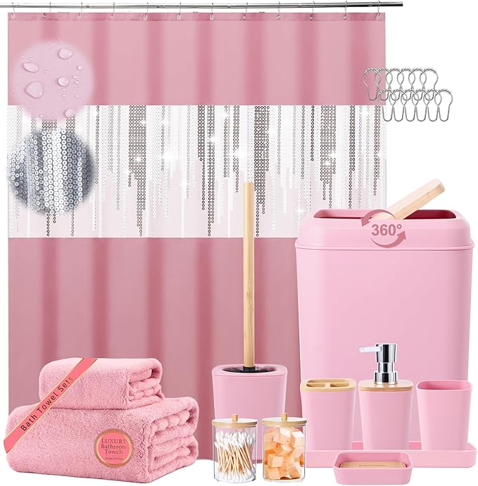 Pink Bathroom Accessories Set Bathroom Set with Sequin Shower Curtain,Towel Set Pink Bathroom Decor with Trash Can