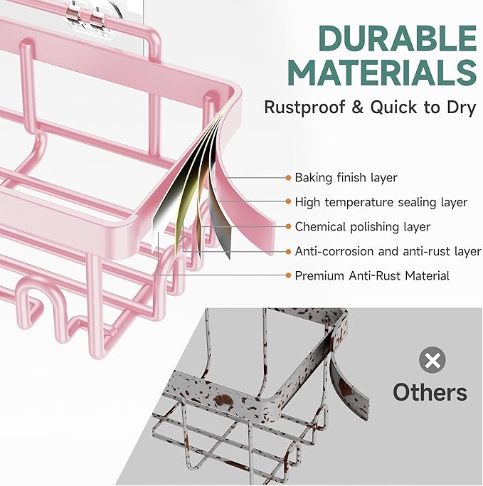 Veken Large Capacity Shower Caddy 6-Pack, No Drilling & Rustproof, Adhesive Shower Shelves with Soap Holder, Bathroom Organizers and Storage, Wall-Mounted Kitchen & Home Decor, Pink