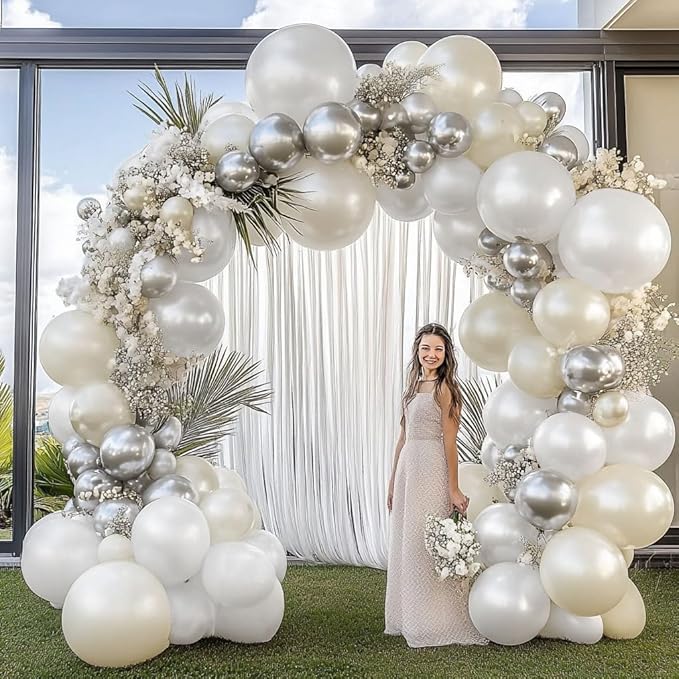 White and Silver Balloon Garland - Double Stuffed Pearl Sand White Silver Balloons Arch Kit 5 12 18 inch for Birthday Graduation Bar Mitzvah Bachelorette Wedding Baby Shower Party Decoration