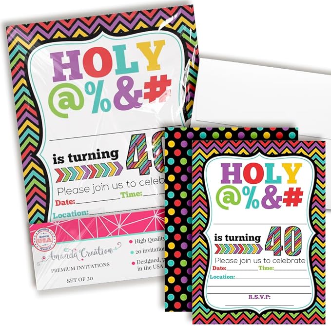 Funny “Holy @%” 40th Birthday Party Theme 20 Invitations 5x7 Fill-In Cards with Envelopes, Adult Humor Design for Milestone Birthday Celebration, Made in USA by Amanda Creation