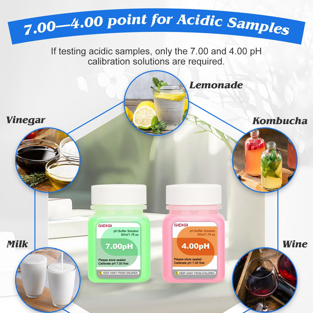 GIDIGI pH Meter Calibration Solution Kit, pH Buffer Solution 4,7,10 50ml*6 and KCL pH Probe Storage Solution 50ml*2, pH Pen Storage Solution for Accurate Calibration of All pH Testers
