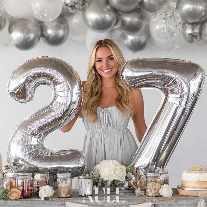 AULE 40 Inch Large 27 Balloon Numbers Silver, Big Foil Number Balloons, Giant Helium Happy 27th Birthday Party Decorations for Man and Women, Huge Mylar Anniversary Party Supplies