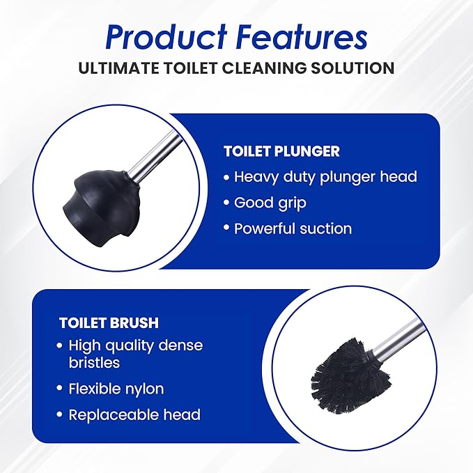 Stainless Steel Toilet Brush and Holder Set - Modern Toilet Brush and Plunger Set - Bathroom Essentials