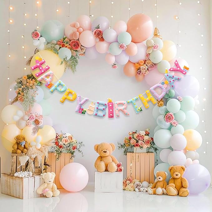 Updated Pre-Strung Handmade Wool Felt Pastel Happy Birthday Banner, Unique 3D Confetti Dots Happy Birthday Garland Decor, Reusable Happy Birthday Sign for Macaron Rainbow Party Backdrop Decorations
