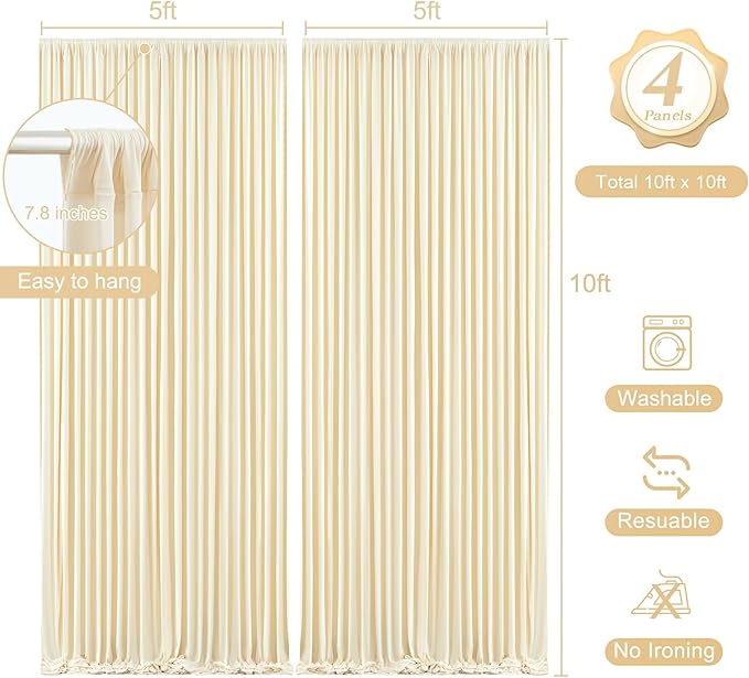 20 x 10ft Champagne Backdrop Curtains with Lights String for Wedding Polyester Photo Backdrop Drapes Wrinkle Free Soft Long Curtains for Birthday Parties Reception Baby Shower Ceremony-5 x 10ft 4Panel